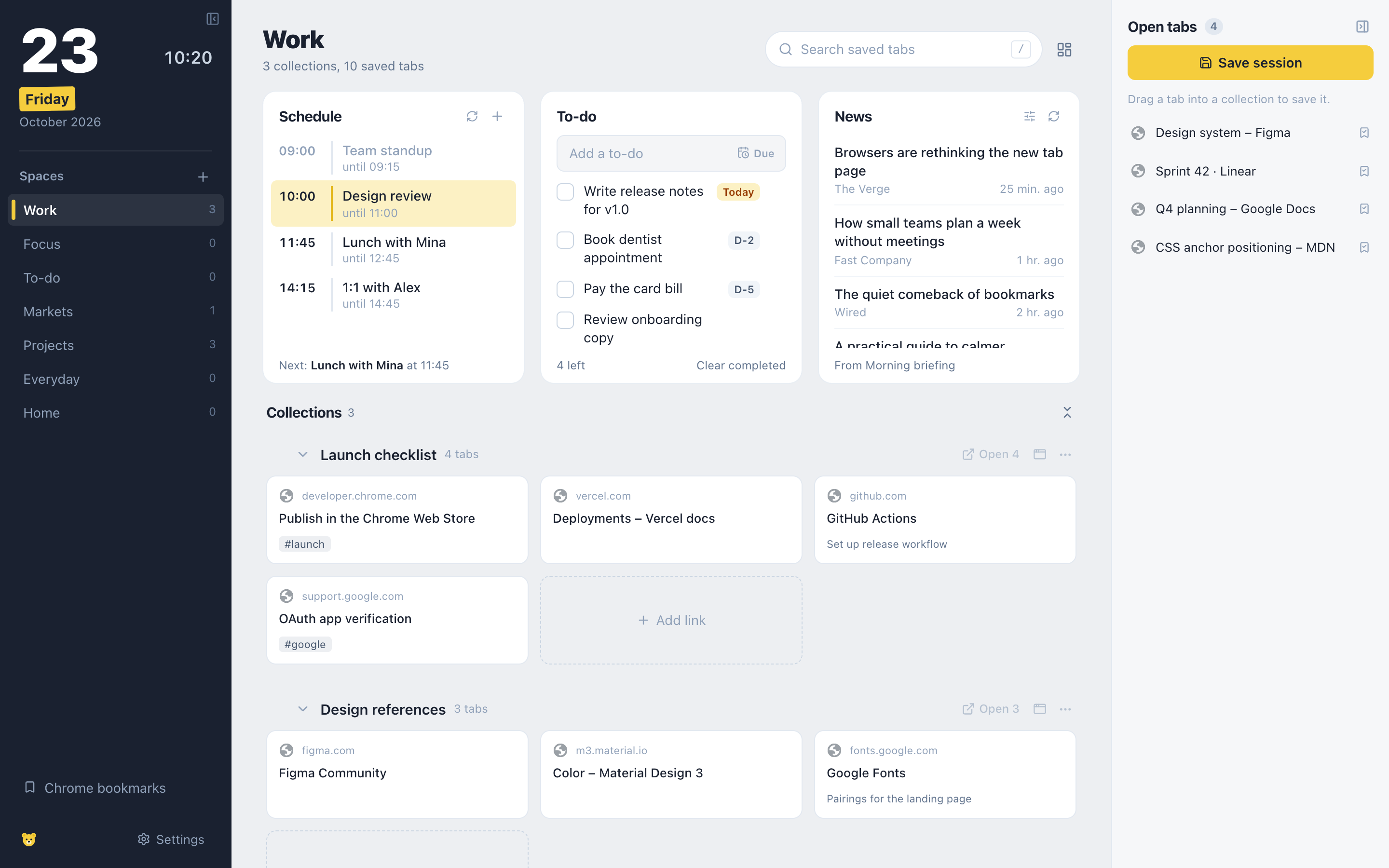 WidgetBear new tab: a dark sidebar with today's date and spaces, a row with Schedule, To-do and News, collections of saved links below, and the open tabs list on the right.