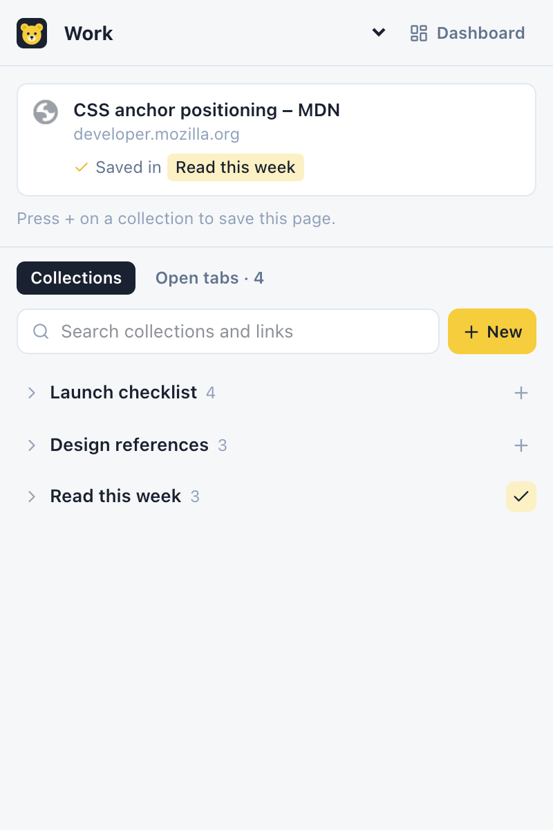 The WidgetBear side panel showing the current page, CSS anchor positioning on MDN, already saved in Read this week, above a list of collections.