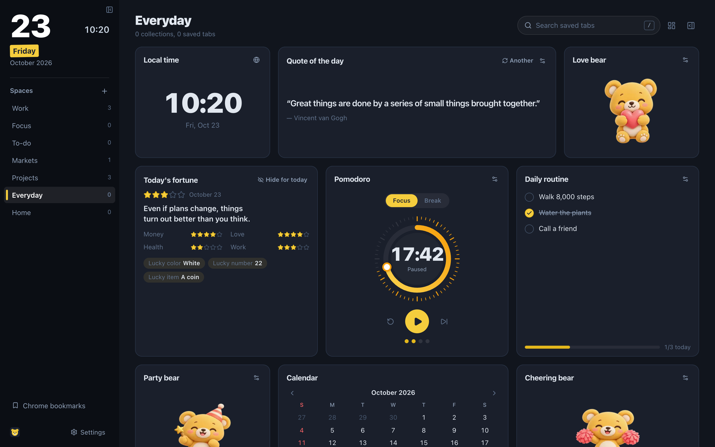 An Everyday space in dark theme: a clock, quote of the day and an animated bear holding a heart, then today's fortune, a Pomodoro ring timer and a routine, with more bears and a calendar below.