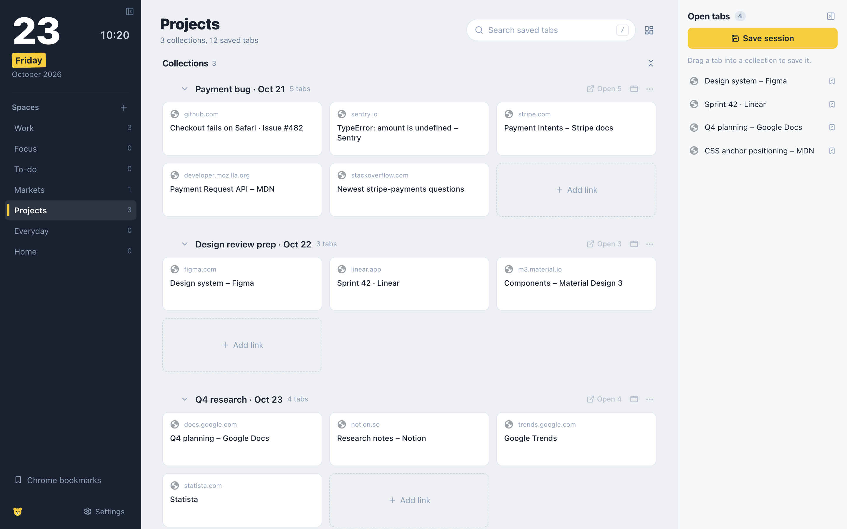 A Projects space with three saved sessions as collections, Payment bug, Design review prep and Q4 research, and the open tabs list with the Save session button.