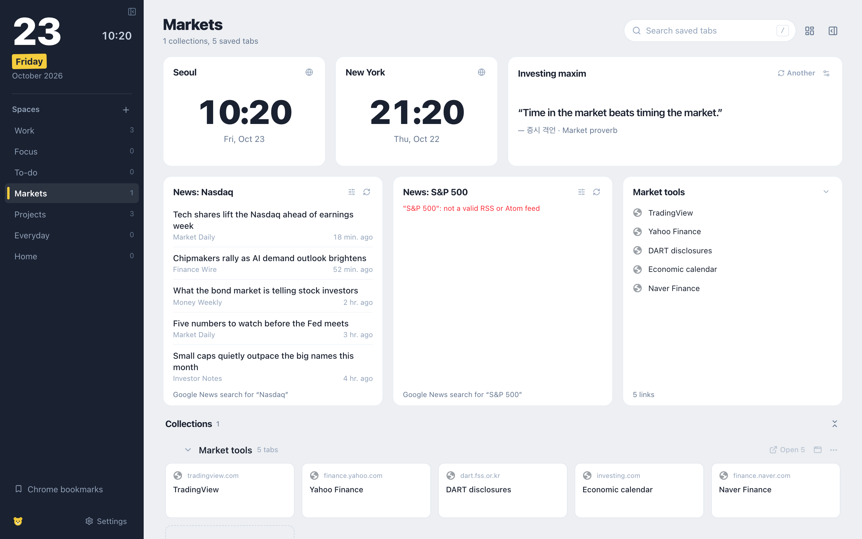 A Markets space: clocks for Seoul and New York, an investing maxim, two news panels following Nasdaq and S&P 500 headlines, and a collection of market tools.