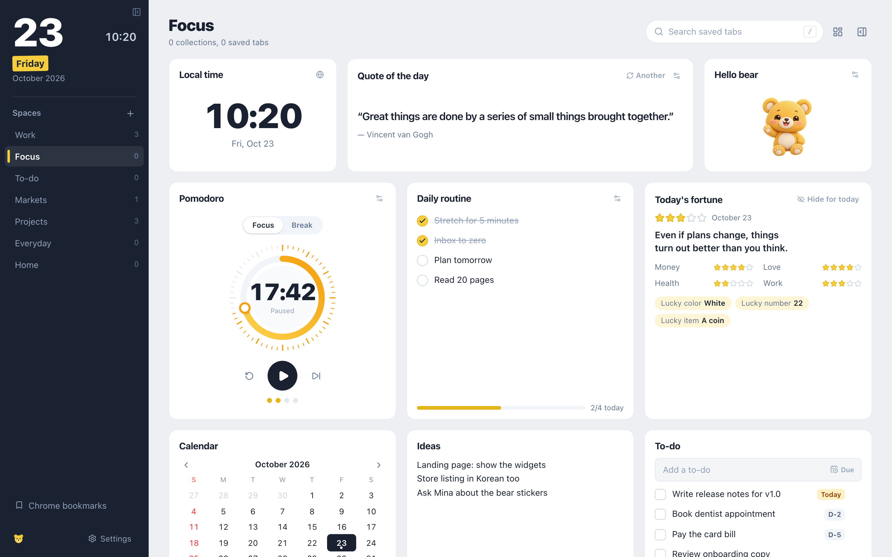 A Focus space with widgets: local time, quote of the day, a waving bear sticker, a Pomodoro timer paused at 17:42, a daily routine half done, today's fortune, a month calendar, a note and a to-do list.